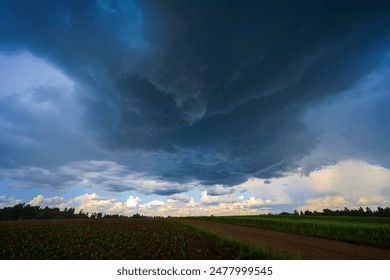 Dramatic storm clouds in blue sky associated with storm, dark, moody weather and looming atmosphere