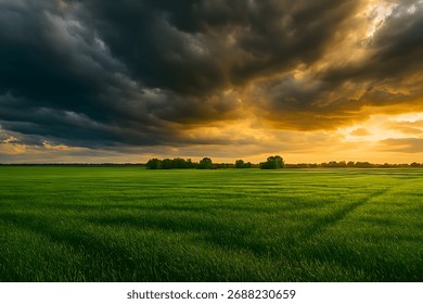 Dramatic storm clouds gather over a vibrant green field at sunset, casting an ominous yet beautiful glow on the landscape.