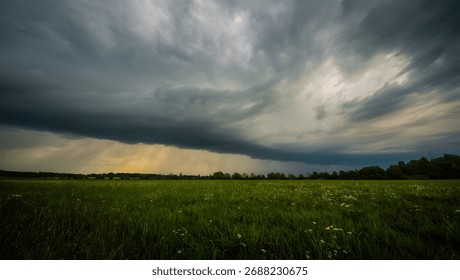 Dramatic storm clouds gather over a vibrant green meadow, hinting at an approaching downpour with a dramatic sky.