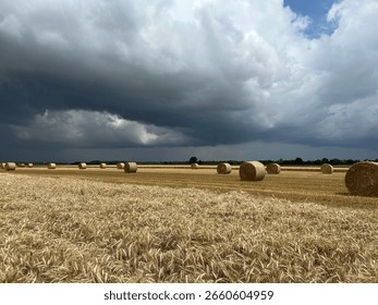Dramatic storm clouds over golden wheat field with round hay bales scattered across harvested farmland. Rural agricultural landscape under threatening sky.
