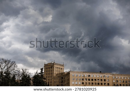 Dramatic storm clouds over the University building in Kharkiv, Ukraine.