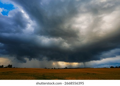 Dramatic storm clouds in the sky, dark severe storm clouds, supercell.