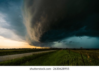 Dramatic storm sweeps across fields and farmland with heavy wind and rain, dark clouds moving fast, creating an ominous, moody sky filled with texture, shadow, and epic weather atmosphere