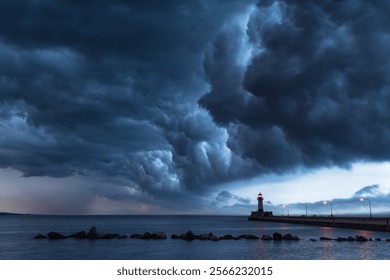 Dramatic stormy clouds over the Duluth lighthouse on Lake Superior