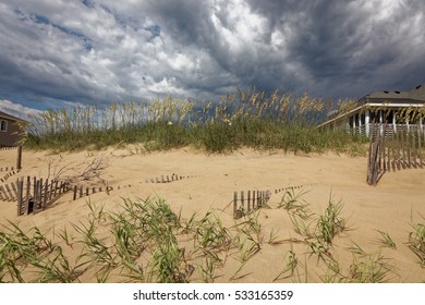 Dramatic Stormy Sky Over North Carolina Outer Banks Sand Dunes. Horizontal.