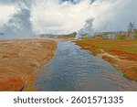 Dramatic Stream Flowing Through Thermal Pools in Yellowstone National Park in Wyoming