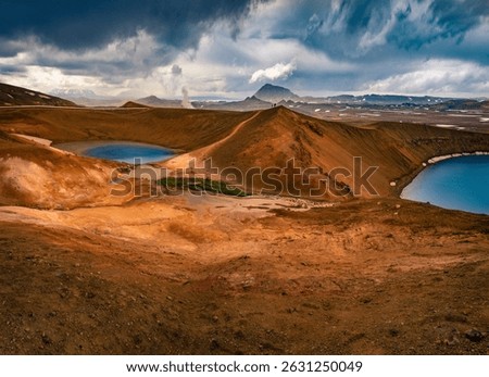 Dramatic summer scene with crater pool of Krafla volcano. Astonishing morning view in the Northeast Iceland, Myvatn lake located, Europe. Traveling concept background.