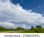 Dramatic summer storm clouds over a rural countryside road under deep blue sky. Scenic natural landscape with large white cumulonimbus cloud formation, green grass, trees and dirt road stretching into the distance.