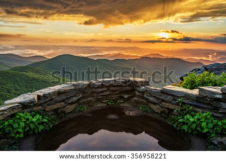 A dramatic summer sunset from Craggy Gardens along the Blue Ridge Parkway in North Carolina
