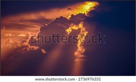 Dramatic sun rays breaking through dark heavy clouds at sunset. The golden light illuminates the edges of the clouds against a deep purple and orange sky.