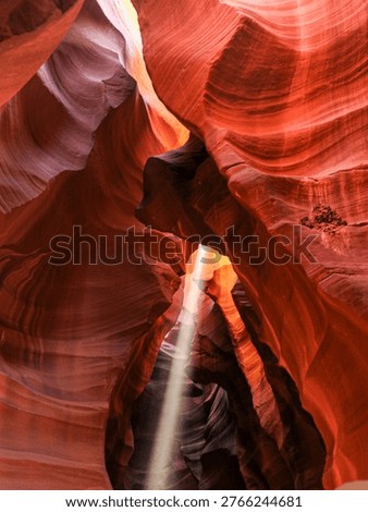 dramatic sunbeams pierce through the narrow opening of the canyon, casting vertical rays of light onto the striated rock walls. The interplay of light and shadow accentuates the depth and mystery of the canyon.
