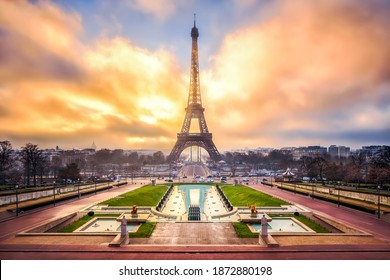 Dramatic sunrise at the Eiffel Tower in Paris, France