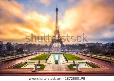 Dramatic sunrise at the Eiffel Tower in Paris, France