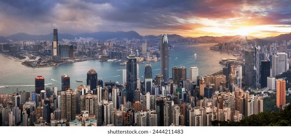 Dramatic sunrise of Hong Kong, China - panorama skyline - Powered by Shutterstock