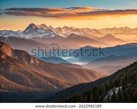 Dramatic sunrise over misty mountain range in the Alps, highlighting snow-capped peaks and golden-lit valleys with layered mist and forest.