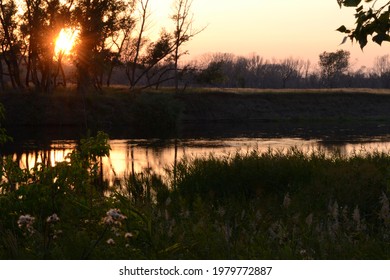 Dramatic sunset between forest trees with river reflections of the forest. Background image.