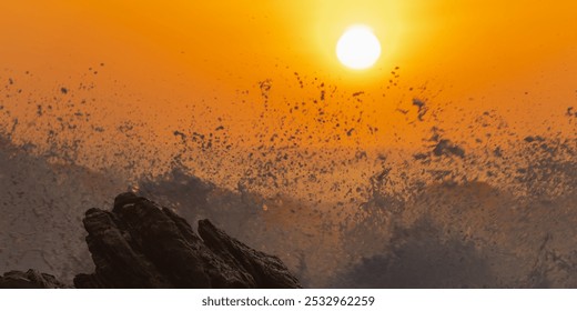 A dramatic sunset casting a golden glow over crashing waves against a rocky shoreline. Perfect for nature, travel, and coastal landscape themes. Captures the raw beauty and power of the ocean at dusk - Powered by Shutterstock