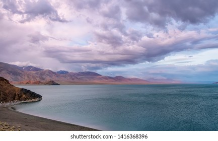 Dramatic Sunset Clouds Above Tolbo Lake. Time Before Sand Storm. South Of Olgii In Western Mongolia. These Are Stormy Clouds Colored By Sunset. Altai Mountains. Asia     