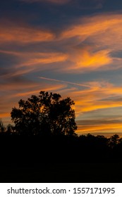 dramatic sunset clouds with blue sky and dark green trees and shrubs on the landscape sunset bright orange yellows  - Shutterstock ID 1557171995