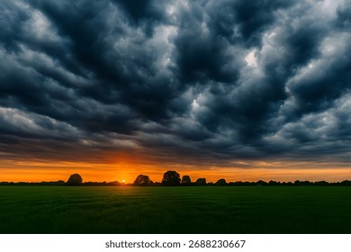 Dramatic sunset with dark, stormy clouds over a silhouetted treeline and green field.