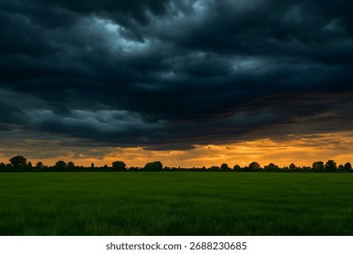 Dramatic sunset with dark, stormy clouds over a green field and silhouetted trees on the horizon.