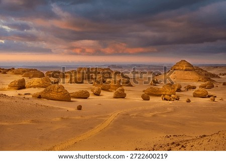 Dramatic sunset desert landscape view in Wadi Hitan, Egypt
