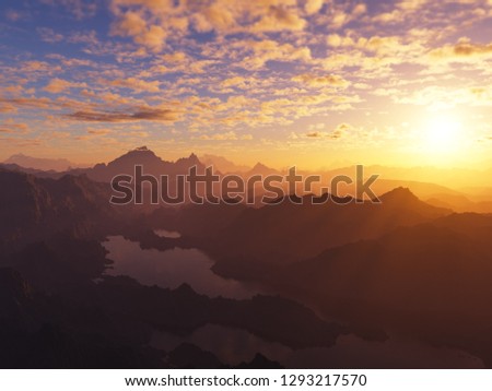 Dramatic sunset at mountains 3d rendering background