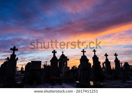 Dramatic sunset over the crosses, Llucmajor Cemetery, Mallorca, Balearic Islands, Spain