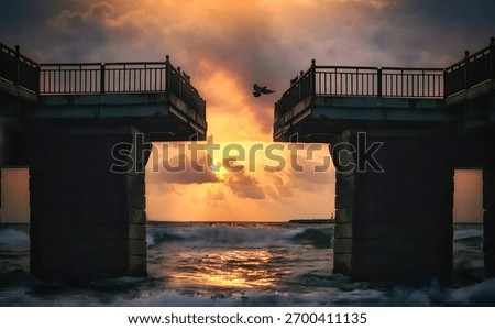 A dramatic sunset over the ocean viewed through a broken bridge. Waves crash below as a bird flies towards the vibrant sky.