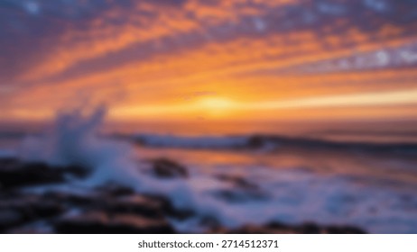 Dramatic sunset over ocean waves crashing against rocks with fiery sky  seascape.
