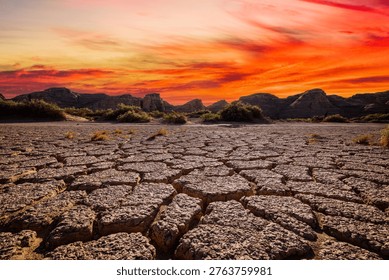Dramatic sunset over parched and cracked earth in an arid desert landscape