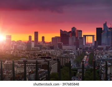 Dramatic Sunset Over Paris, France, Looking  At La Defense From The Arc De Triomphe