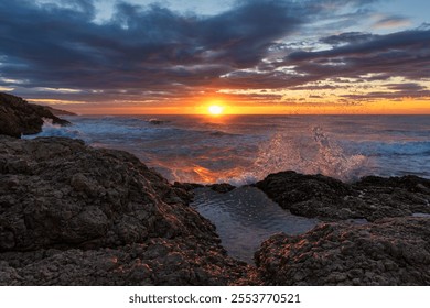 Dramatic sunset over a rocky coastline with crashing waves, capturing the raw beauty of nature as the sun dips below the horizon. - Powered by Shutterstock