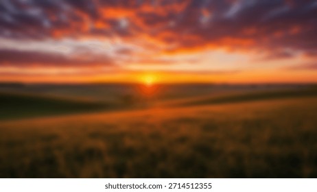 Dramatic Sunset Over Rolling Green Hills Fiery Sky and Tranquil Landscape.
