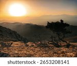 Dramatic sunset over rugged mountain ridges on the island of Crete, Greece. A lone tree and dry rocky terrain frame the peaceful scene from the summit. The photo captures golden hour light.