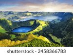 Dramatic sunset over Sete Cidades volcanic lake - panorama landscape, Azores, Portugal