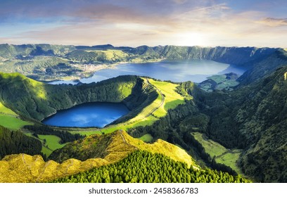 Dramatic sunset over Sete Cidades volcanic lake - panorama landscape, Azores, Portugal