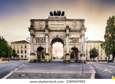 Dramatic sunset over Siegestor - Victory Gate  arch in downtown Munich, Germany 