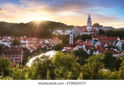Dramatic sunset over skyline of old town of Cesky Krumlov - Czech Republic