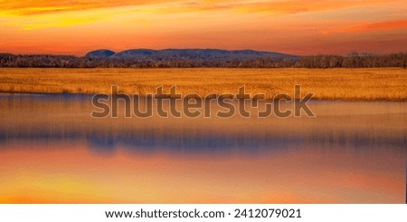 Dramatic Sunset over Sleeping Giant Mountain, Gold-colored Common Reeds Plants, and the Quinnipiac River in Hamden viewed from Tidal Marsh Trail in North Haven, Connecticut