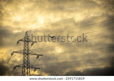 A dramatic sunset scene featuring a silhouetted electricity pylon and power lines against a golden, cloudy sky, with an airplane flying in the distance.

