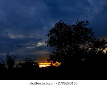 Dramatic sunset sky with dark clouds and silhouetted trees in the foreground