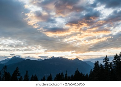 Dramatic sunset sky over rugged forested mountains