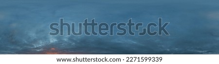 Dramatic sunset sky panorama with Cumulus clouds. Seamless hdr 360 pano in spherical equirectangular format. Complete zenith for 3D visualization, game and sky replacement for aerial drone panoramas