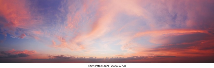 Dramatic Sunset Sky Panorama With Purple Clouds. Natural Sky Background.