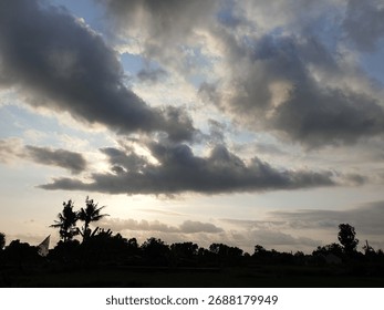 Dramatic Sunset Sky with Silhouetted Trees and Clouds