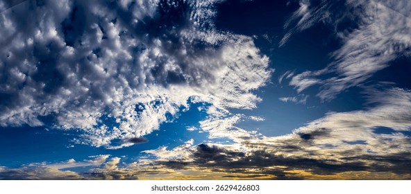 Dramatic sunset in the Sky through cumulus storm clouds,. Awesome epic landscape. Amazing vibrant colors, in Brazil