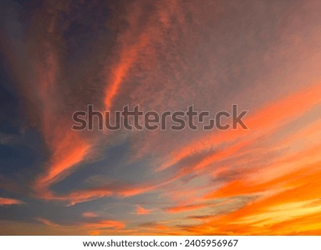 Dramatic sunset sky view for background. Dusk beam light cover cloudy. Dawn sky. Vanilla sky view.