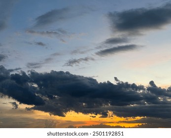 Dramatic sunset sky view with overcast for background. Dusk beam light cover cloudy. Dawn sky. Vanilla sky view.
