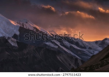Dramatic Sunset Storm Over Glaciated Peaks in the  CentralTien Shan Mountains